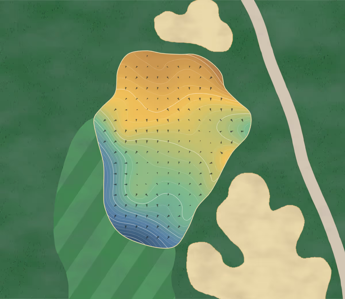 Green contour map of Hayfields in Hunt Valley, Maryland — 258 elevation contours at a 3-inch interval with fall-line arrows, traced from 1-meter lidar
