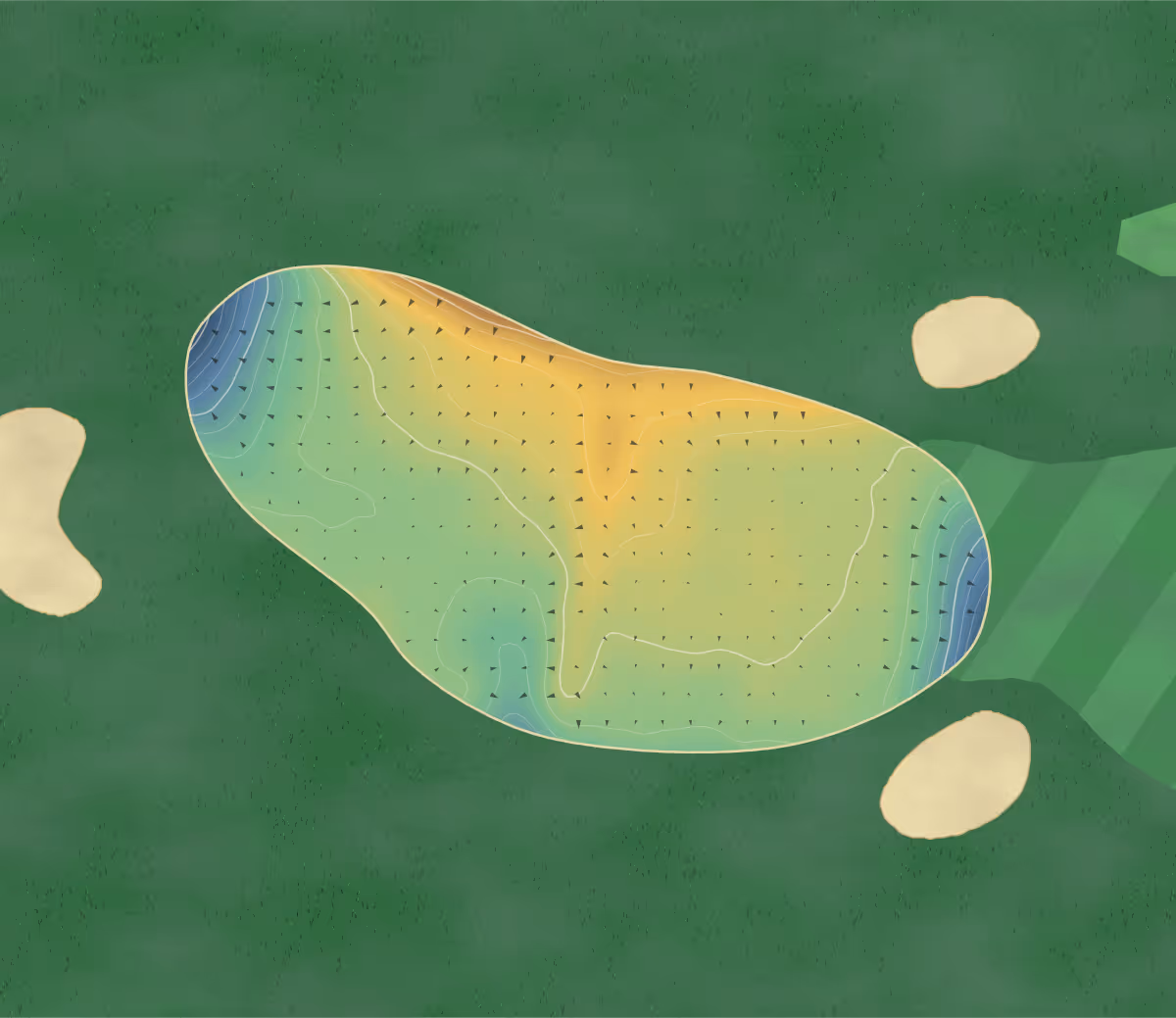 Green contour map of Hayston in Glasgow, Scotland: 153 elevation contours at a 8-centimeter interval with fall-line arrows, traced from 1-meter lidar