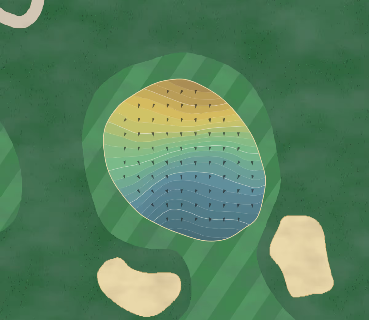 Green contour map of Hazlemere GC in Buckinghamshire, England — 212 elevation contours at a 8-centimeter interval with fall-line arrows, traced from 1-meter lidar