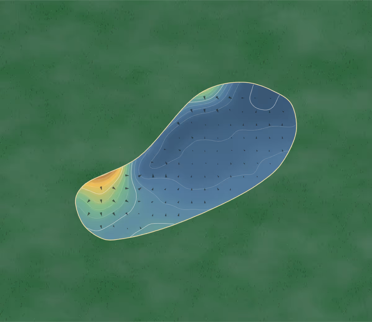Green contour map of Heacham Manor in Nr Hunstanton, England: 131 elevation contours at a 8-centimeter interval with fall-line arrows, traced from 1-meter lidar