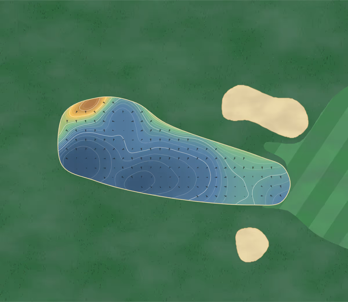 Green contour map of Headingley in Leeds, England: 236 elevation contours at a 8-centimeter interval with fall-line arrows, traced from 1-meter lidar