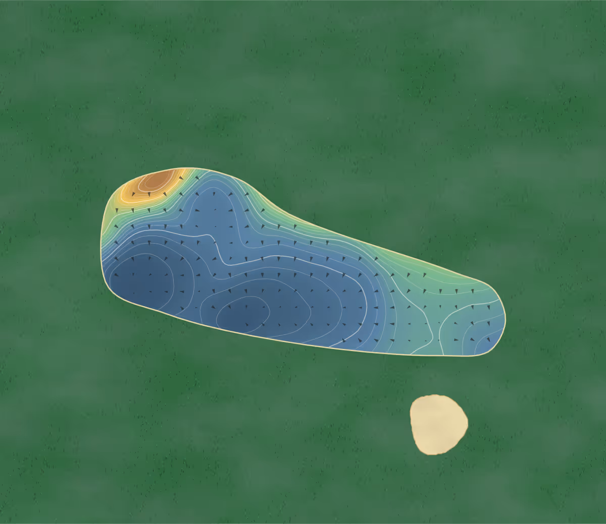 Green contour map of Headingley in Leeds, England — 236 elevation contours at a 8-centimeter interval with fall-line arrows, traced from 1-meter lidar