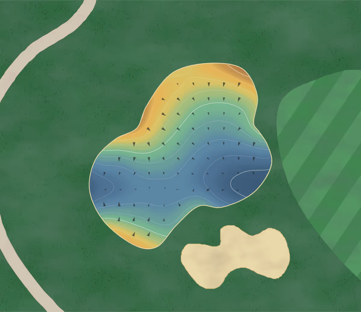 Green contour map of Heath Golf and Yacht in Heath, Texas: 146 elevation contours at a 3-inch interval with fall-line arrows, traced from 1-meter lidar