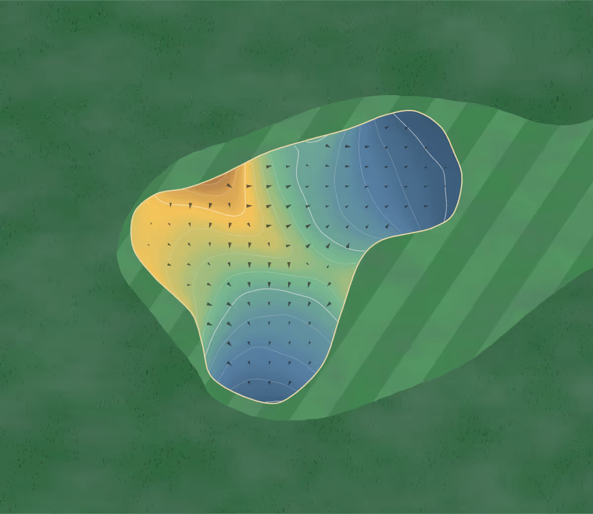 Green contour map of HeatherGlen in Rocky View, Canada — 103 elevation contours at a 8-centimeter interval with fall-line arrows, traced from 1-meter lidar