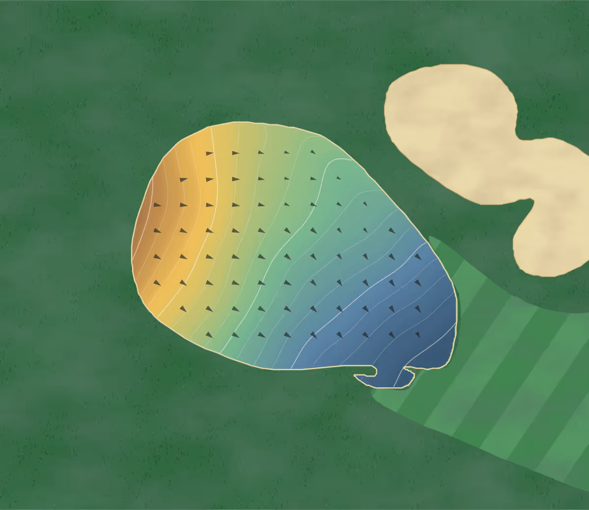 Green contour map of HeatherRidge in Gurnee, Illinois: 128 elevation contours at a 3-inch interval with fall-line arrows, traced from 1-meter lidar