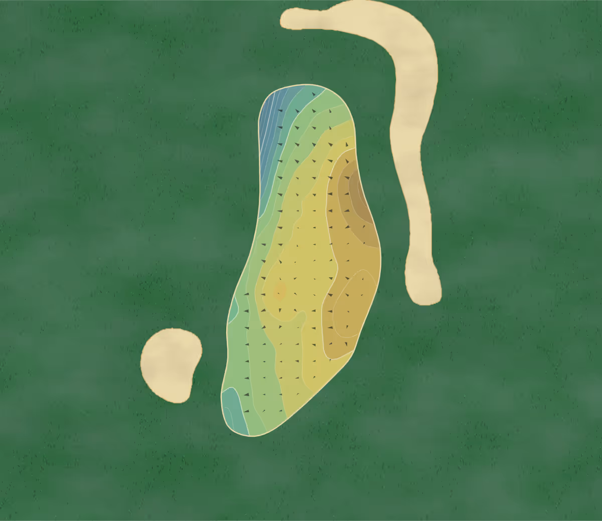 Green contour map of The Heathers in Bloomfield Hills, Michigan — 106 elevation contours at a 3-inch interval with fall-line arrows, traced from 1-meter lidar