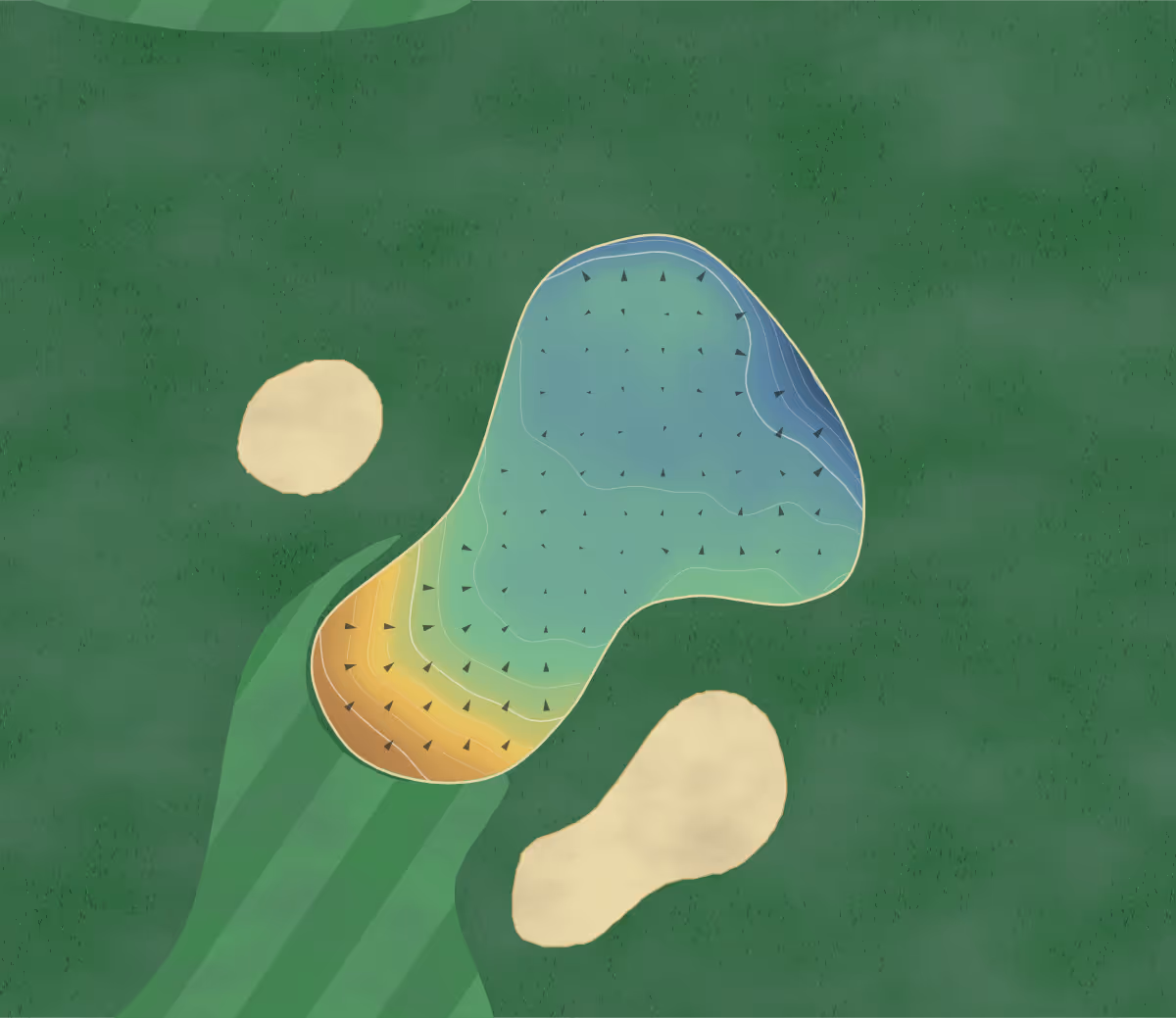 Green contour map of Helen's Bay in Bangor, Northern Ireland: 85 elevation contours at a 8-centimeter interval with fall-line arrows, traced from 1-meter lidar