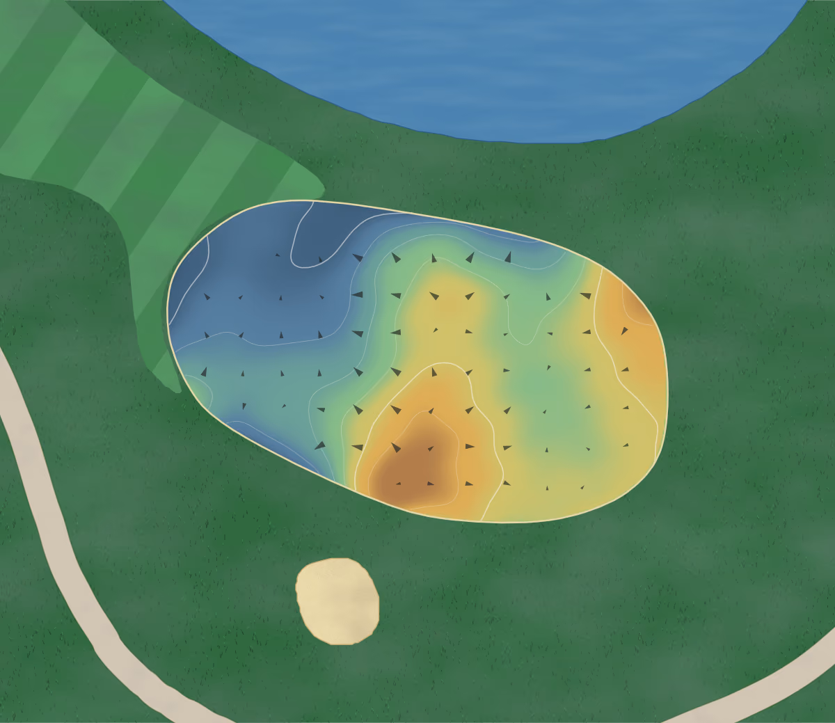 Green contour map of Hell's Point in Virginia Beach, Virginia: 90 elevation contours at a 3-inch interval with fall-line arrows, traced from 1-meter lidar
