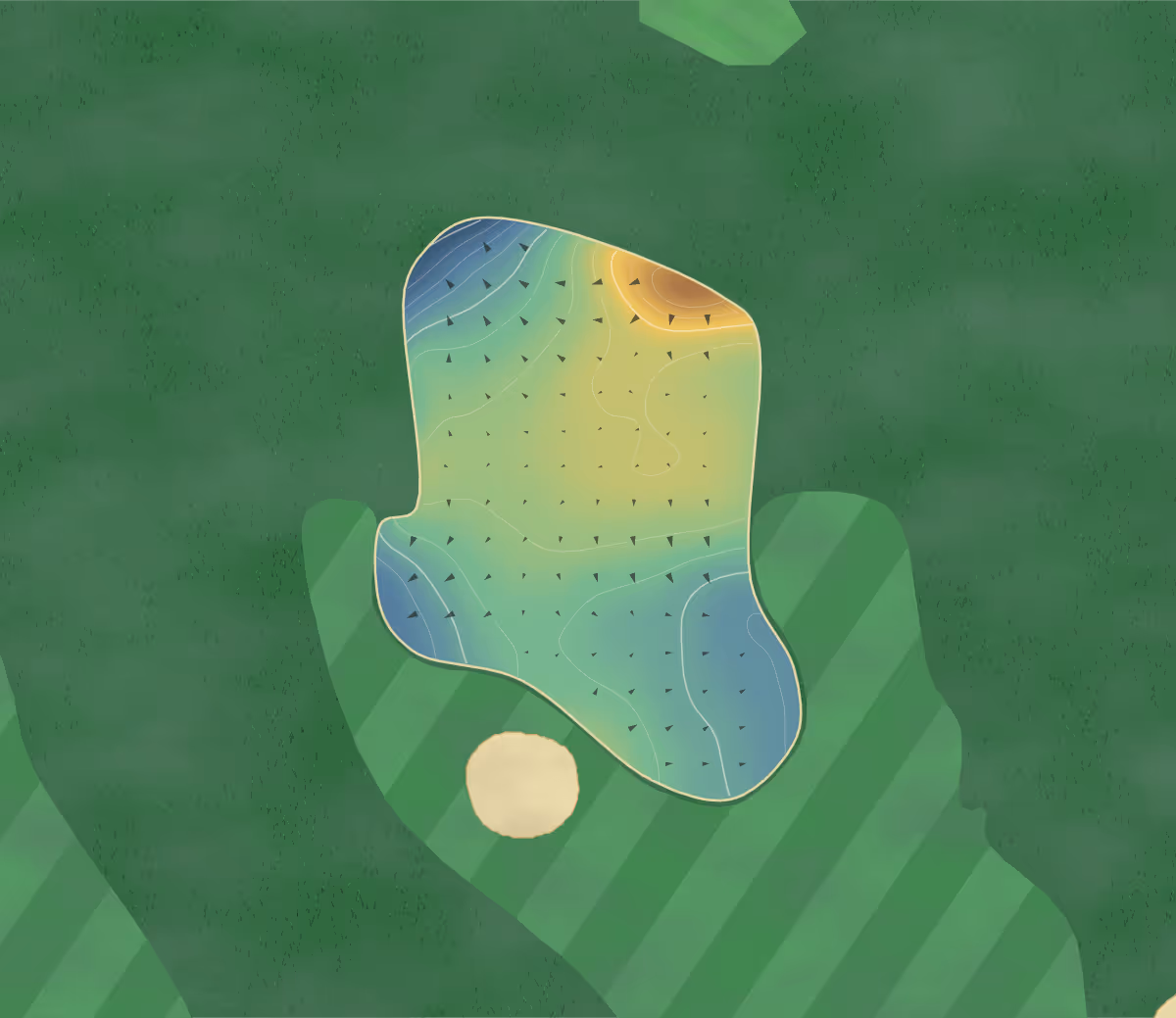 Green contour map of Helsby in Frodsham, England — 106 elevation contours at a 8-centimeter interval with fall-line arrows, traced from 1-meter lidar