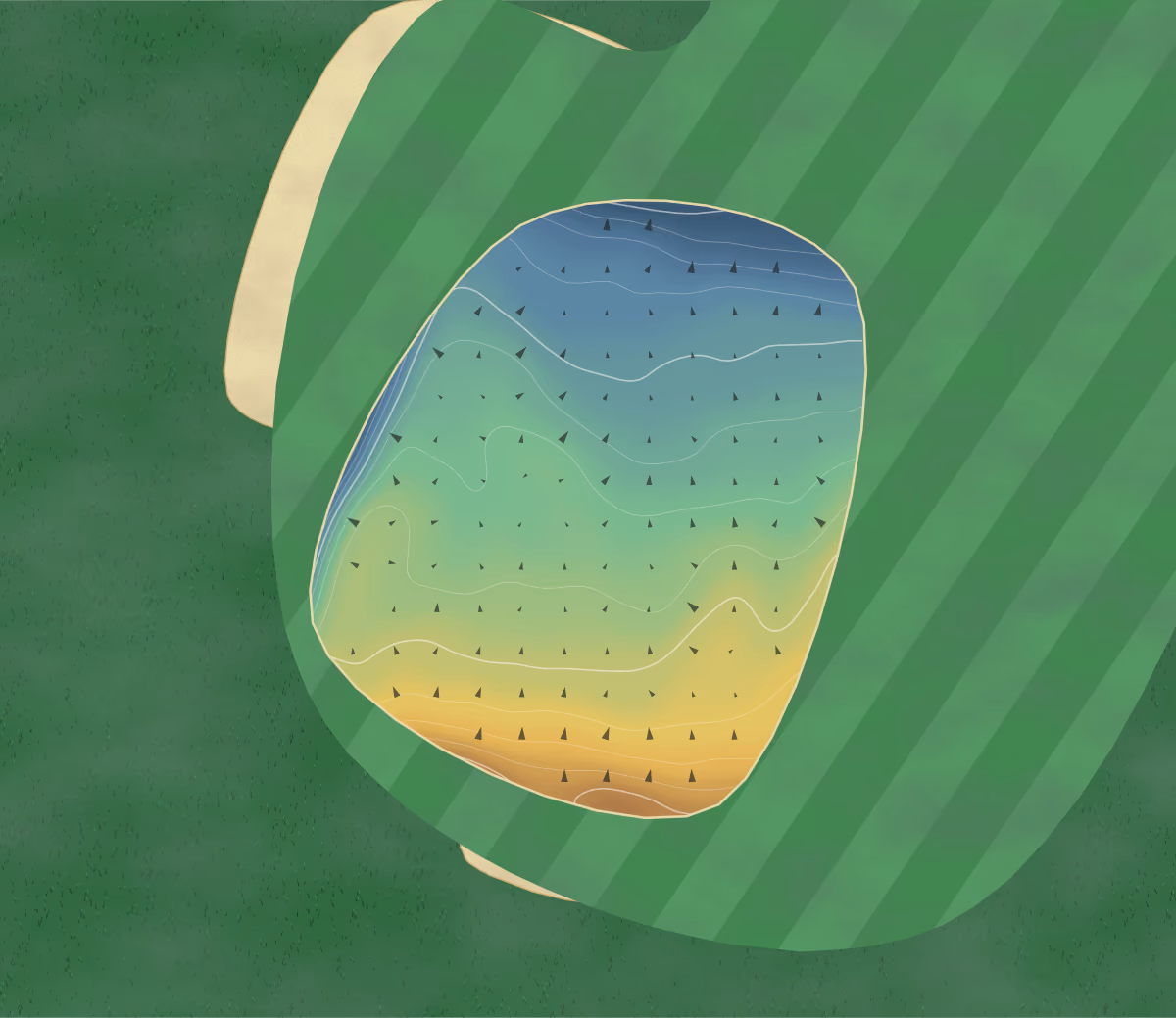 Green contour map of Hendricks Field in Newark, New Jersey: 55 elevation contours at a 3-inch interval with fall-line arrows, traced from 1-meter lidar