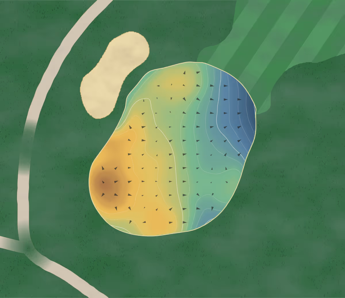 Green contour map of Henson Creek in Temple Hills, Maryland — 120 elevation contours at a 3-inch interval with fall-line arrows, traced from 1-meter lidar