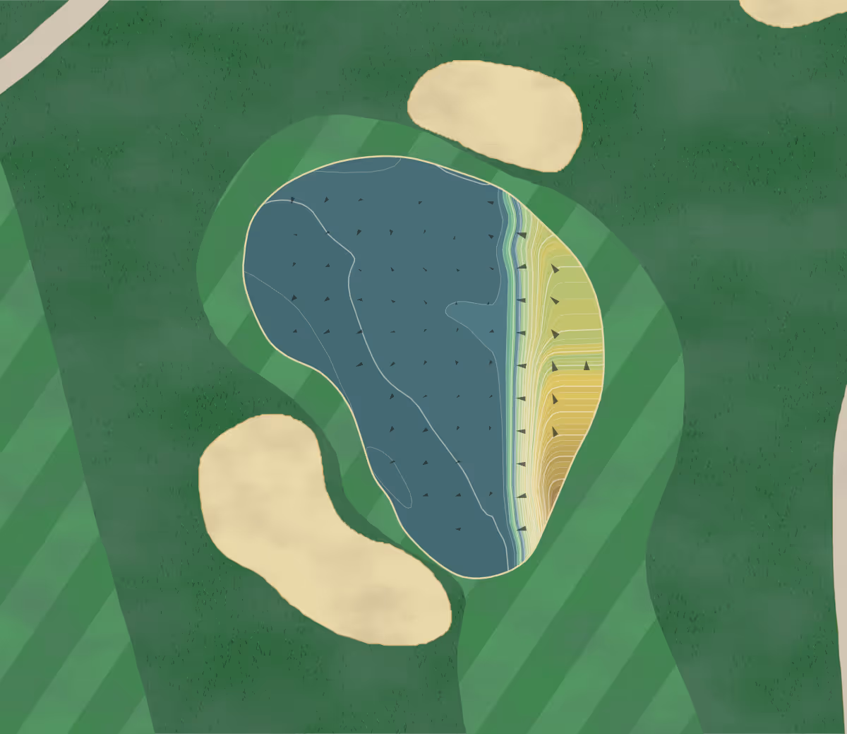 Green contour map of Heritage CC in Charlton, Massachusetts — 313 elevation contours at a 3-inch interval with fall-line arrows, traced from 1-meter lidar