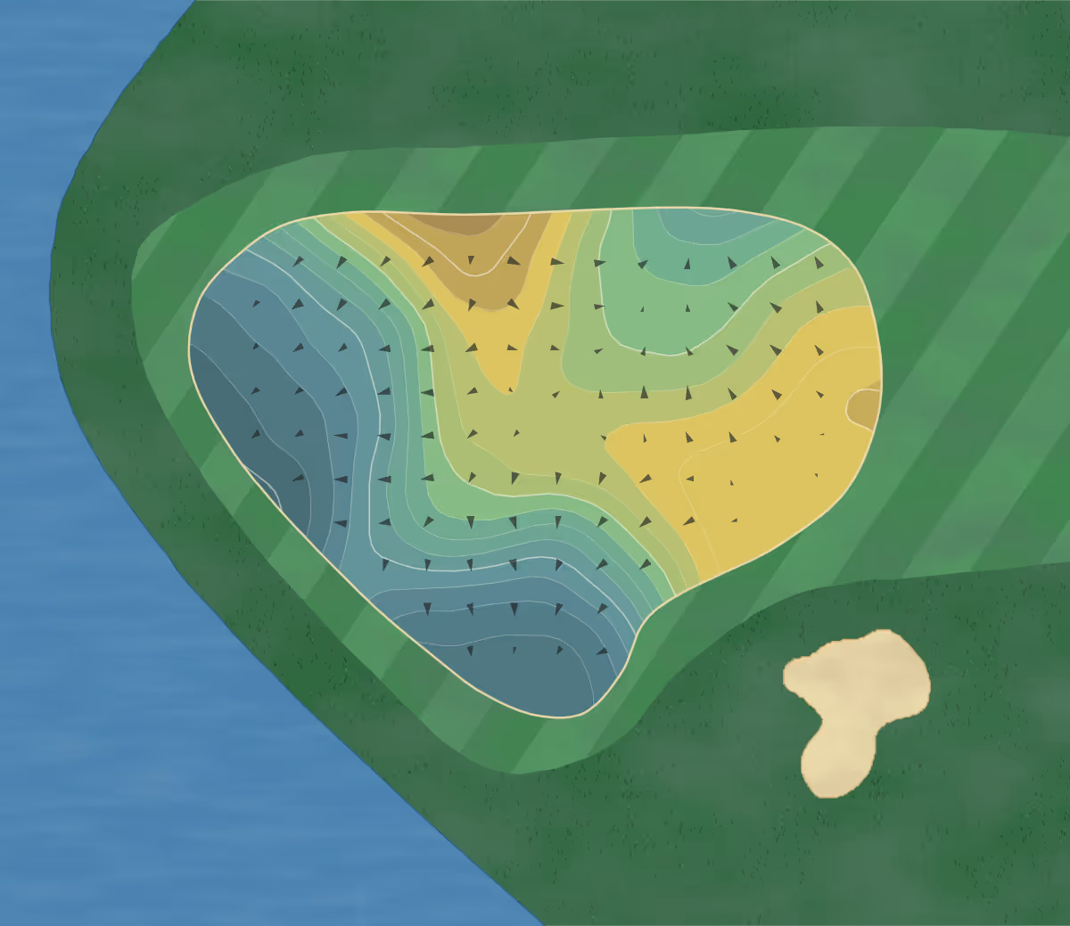 Green contour map of Heritage Club in Pawleys Island, South Carolina — 245 elevation contours at a 3-inch interval with fall-line arrows, traced from 1-meter lidar