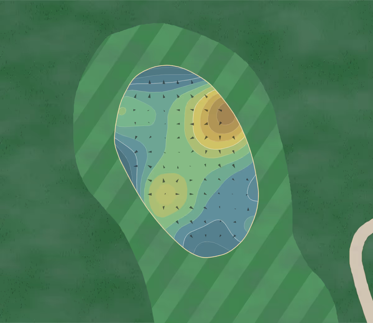 Green contour map of Heritage GC in Hilliard, Ohio — 188 elevation contours at a 3-inch interval with fall-line arrows, traced from 1-meter lidar