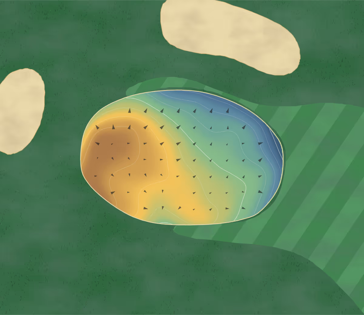 Green contour map of Heritage Golf in Saint-Agathe-des-Monts, Canada: 111 elevation contours at a 8-centimeter interval with fall-line arrows, traced from 1-meter lidar
