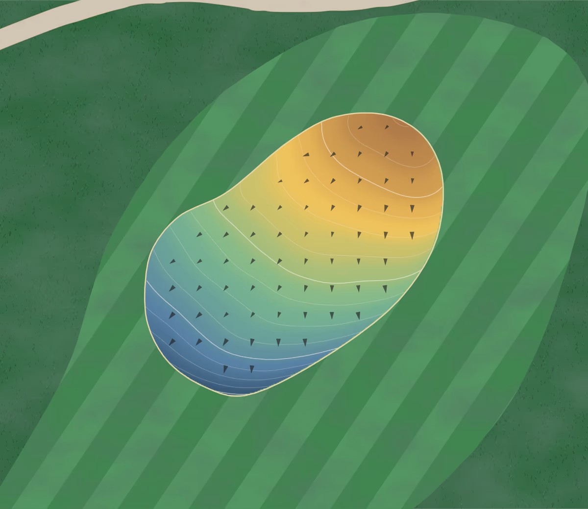 Green contour map of Heritage Golf in Oneonta, Alabama: 151 elevation contours at a 3-inch interval with fall-line arrows, traced from 1-meter lidar