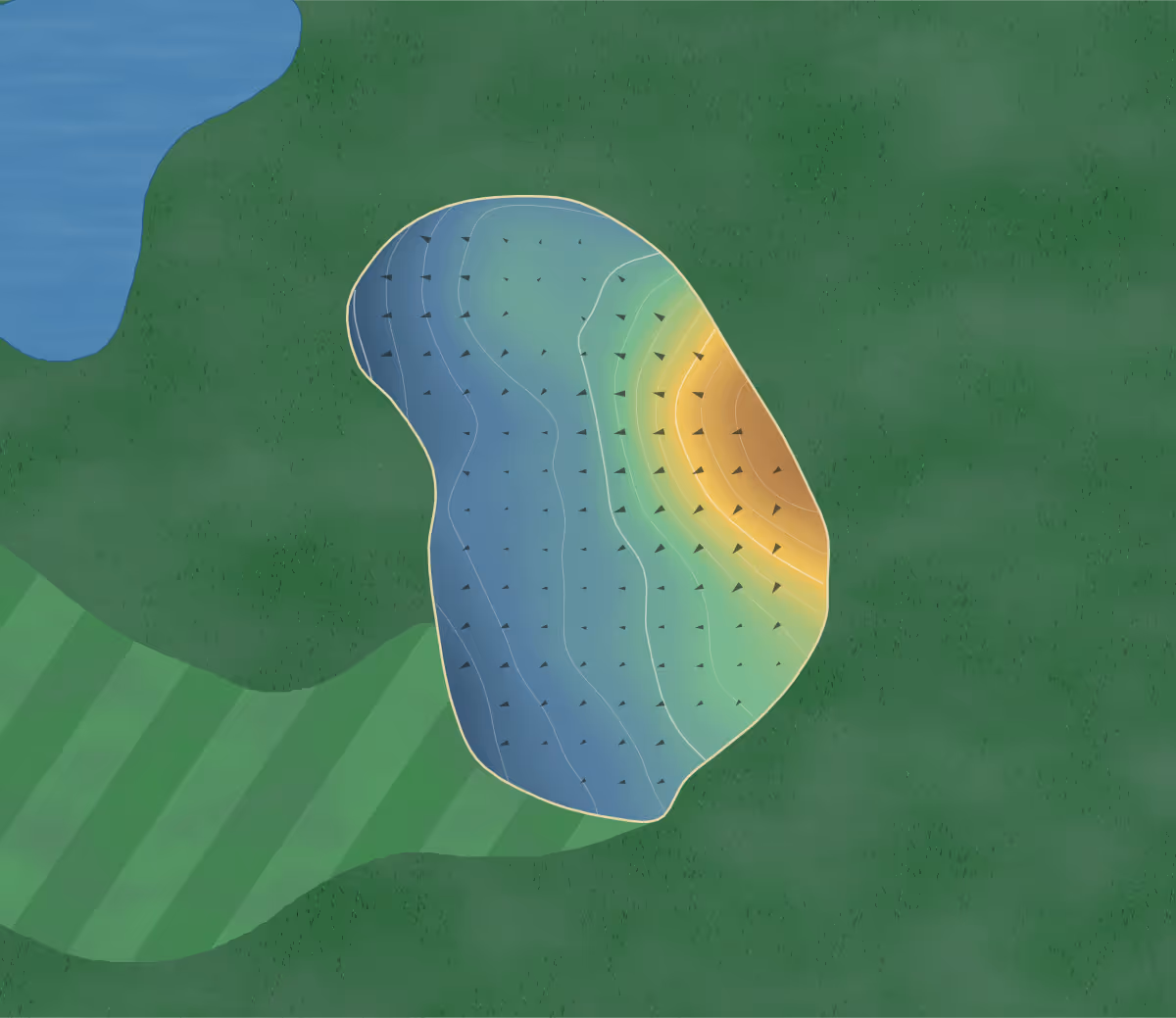 Green contour map of Heritage Links in Lakeville, Minnesota: 88 elevation contours at a 3-inch interval with fall-line arrows, traced from 1-meter lidar