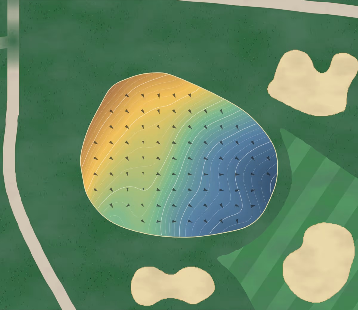 Green contour map of Heritage Village in Southbury, Connecticut — 265 elevation contours at a 3-inch interval with fall-line arrows, traced from 1-meter lidar
