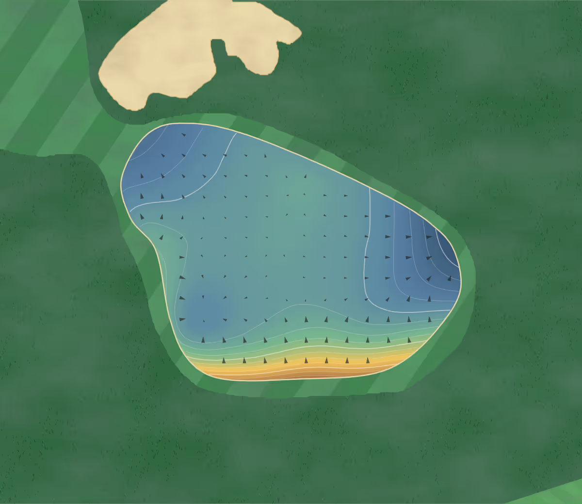Green contour map of Hermitage in Lucan, Ireland: 169 elevation contours at a 8-centimeter interval with fall-line arrows, traced from 1-meter lidar