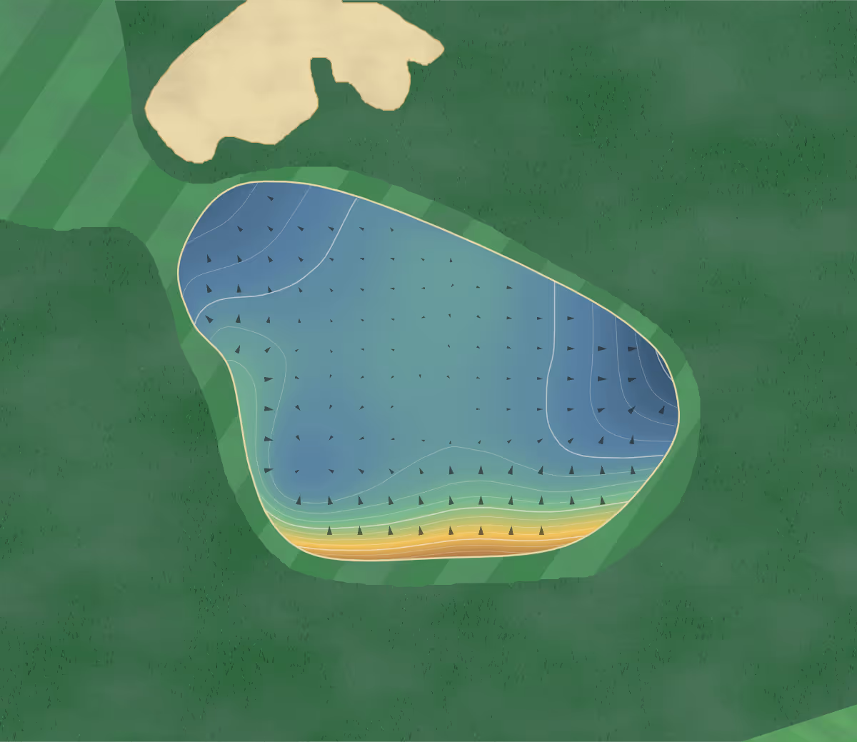 Green contour map of Hermitage in Lucan, Ireland — 161 elevation contours at a 8-centimeter interval with fall-line arrows, traced from 1-meter lidar