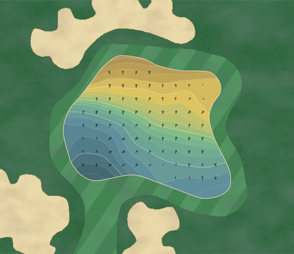 Green contour map of Heron Bay in Locust Grove, Georgia — 218 elevation contours at a 3-inch interval with fall-line arrows, traced from 1-meter lidar