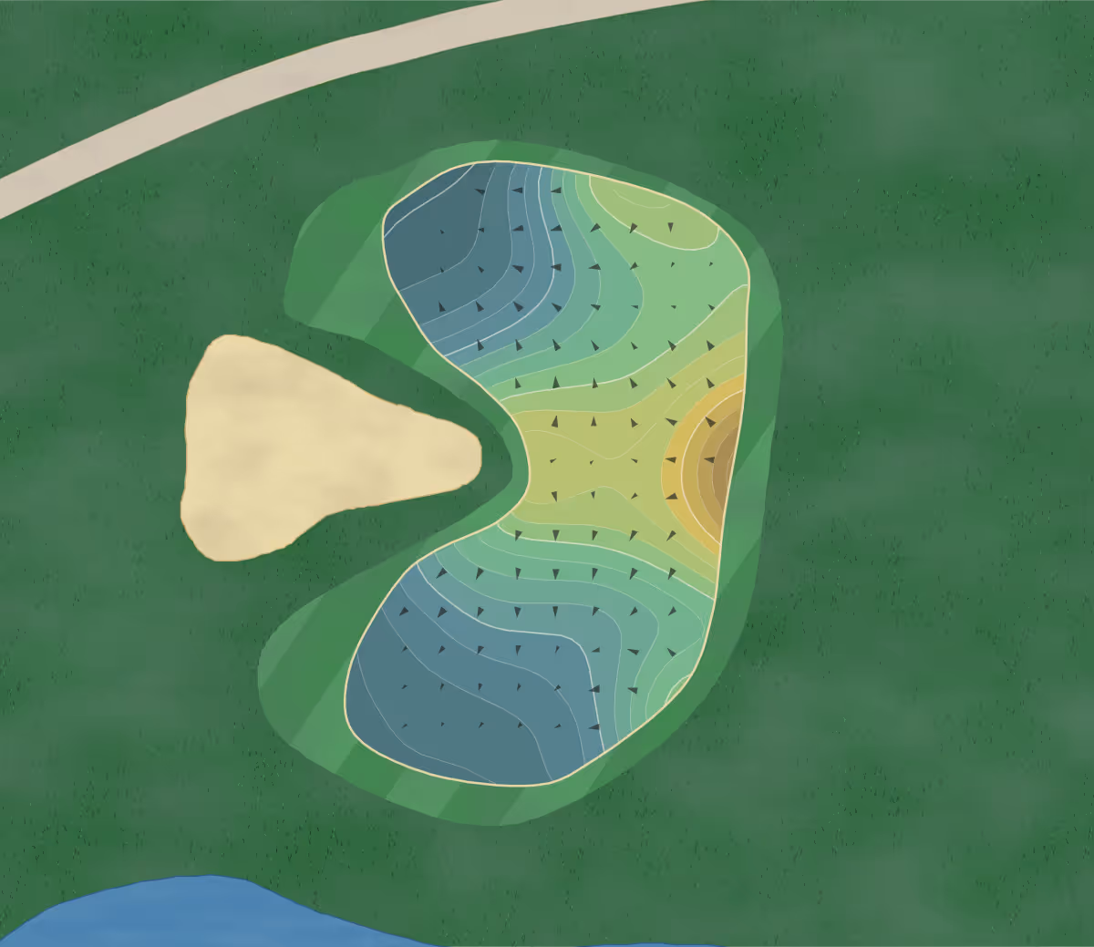 Green contour map of Heron in The Villages, Florida — 129 elevation contours at a 3-inch interval with fall-line arrows, traced from 1-meter lidar