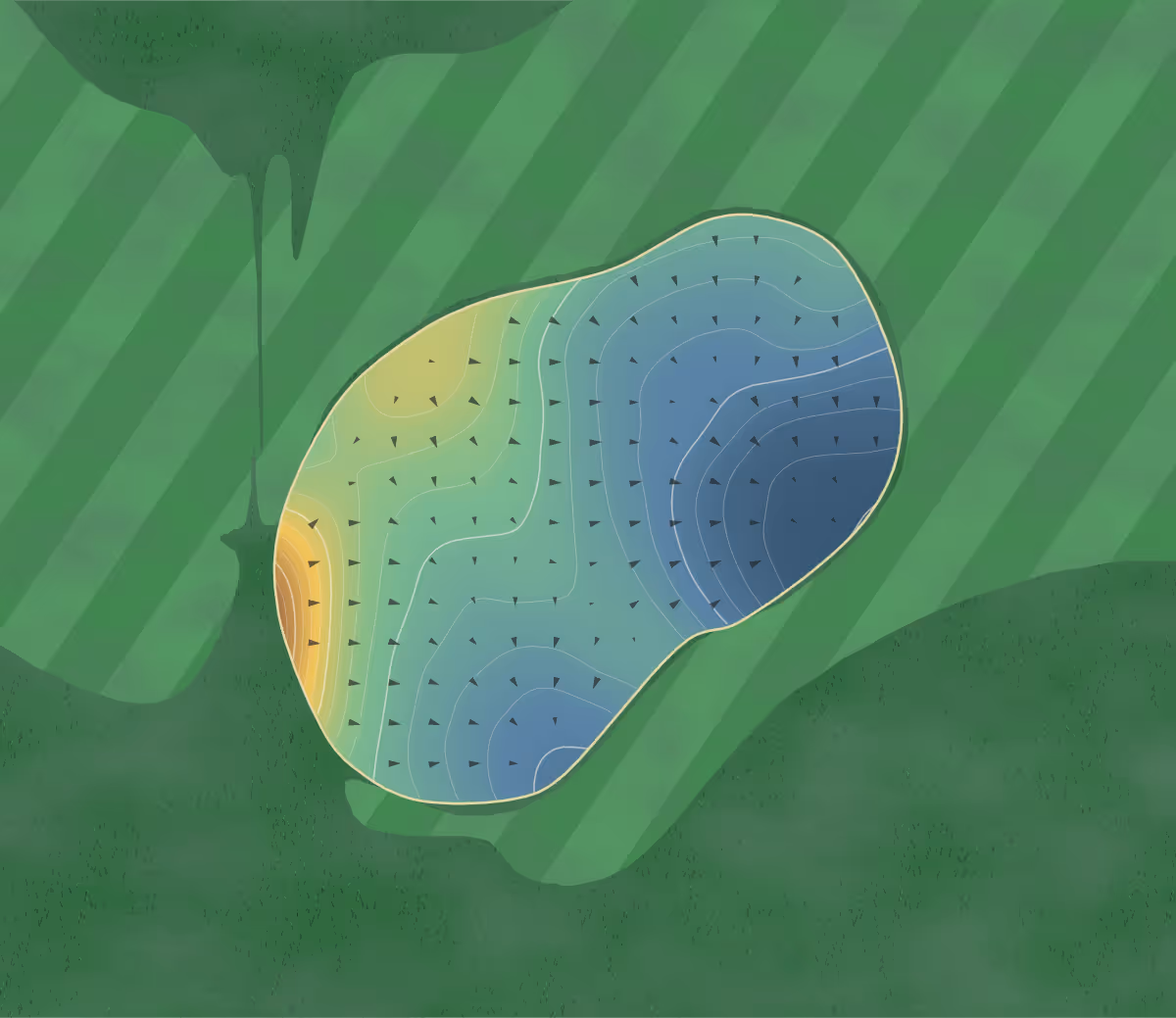 Green contour map of Heron Landing in Canada: 102 elevation contours at a 8-centimeter interval with fall-line arrows, traced from 1-meter lidar