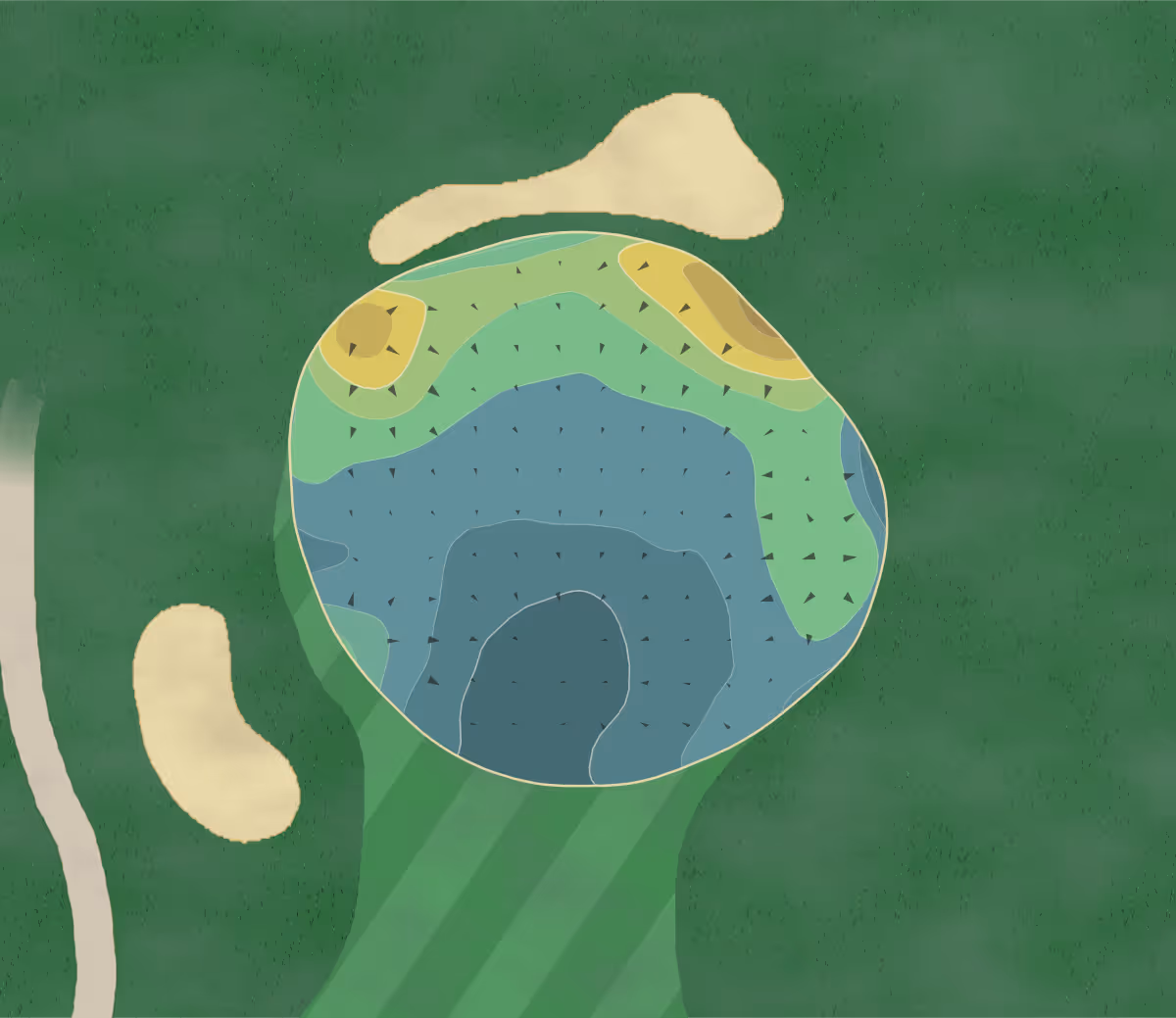 Green contour map of Hersham GC in Walton-on-Thames, England — 119 elevation contours at a 8-centimeter interval with fall-line arrows, traced from 1-meter lidar