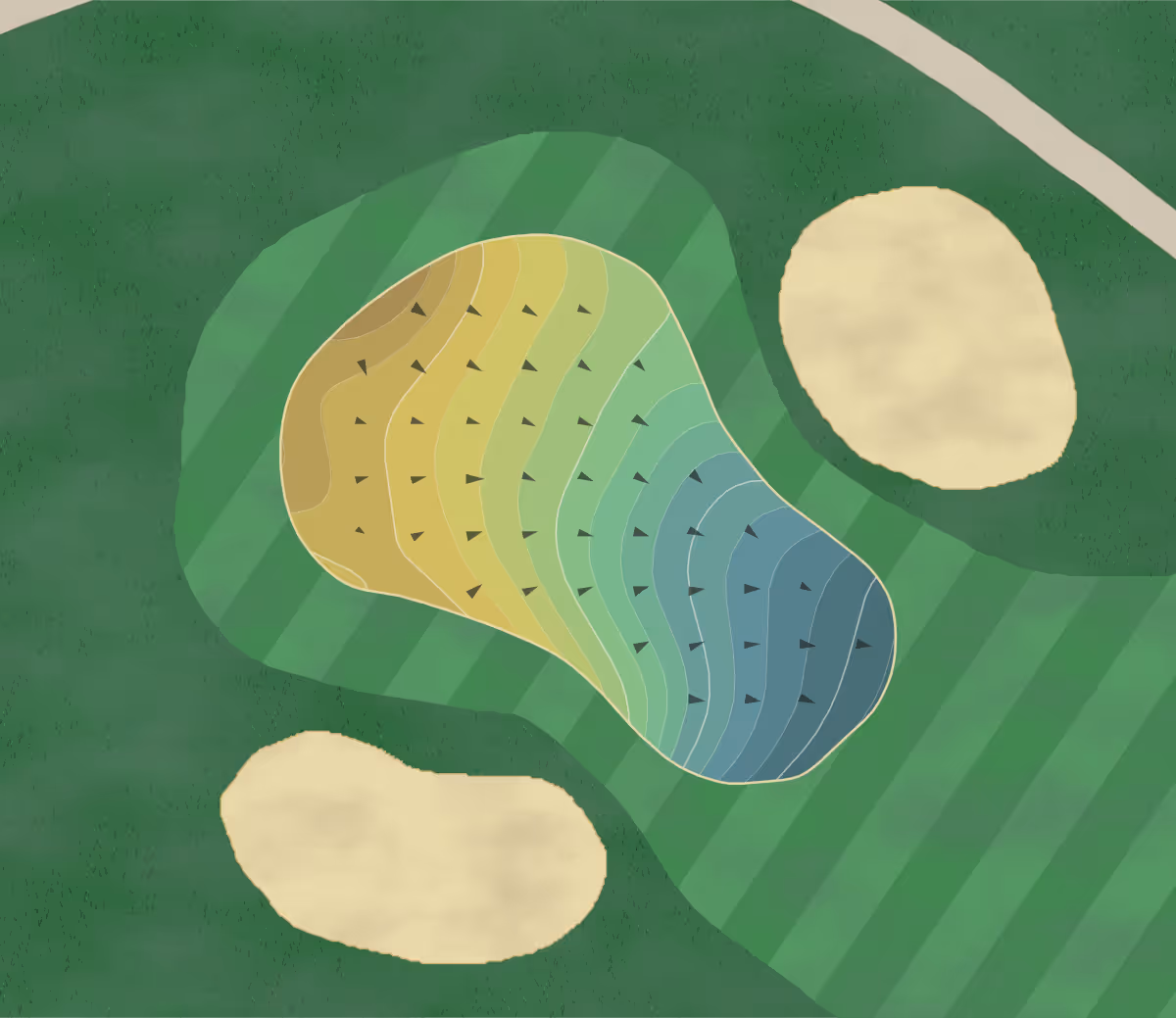 Green contour map of Hesperia Golf in Hesperia, California — 181 elevation contours at a 3-inch interval with fall-line arrows, traced from 1-meter lidar