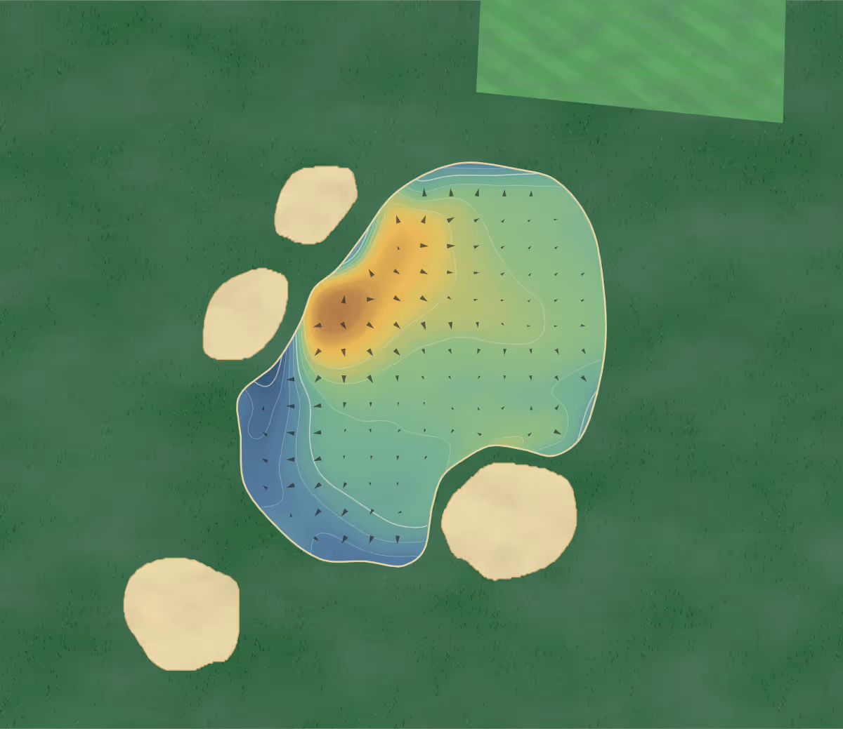 Green contour map of Heworth in York, England — 140 elevation contours at a 8-centimeter interval with fall-line arrows, traced from 1-meter lidar
