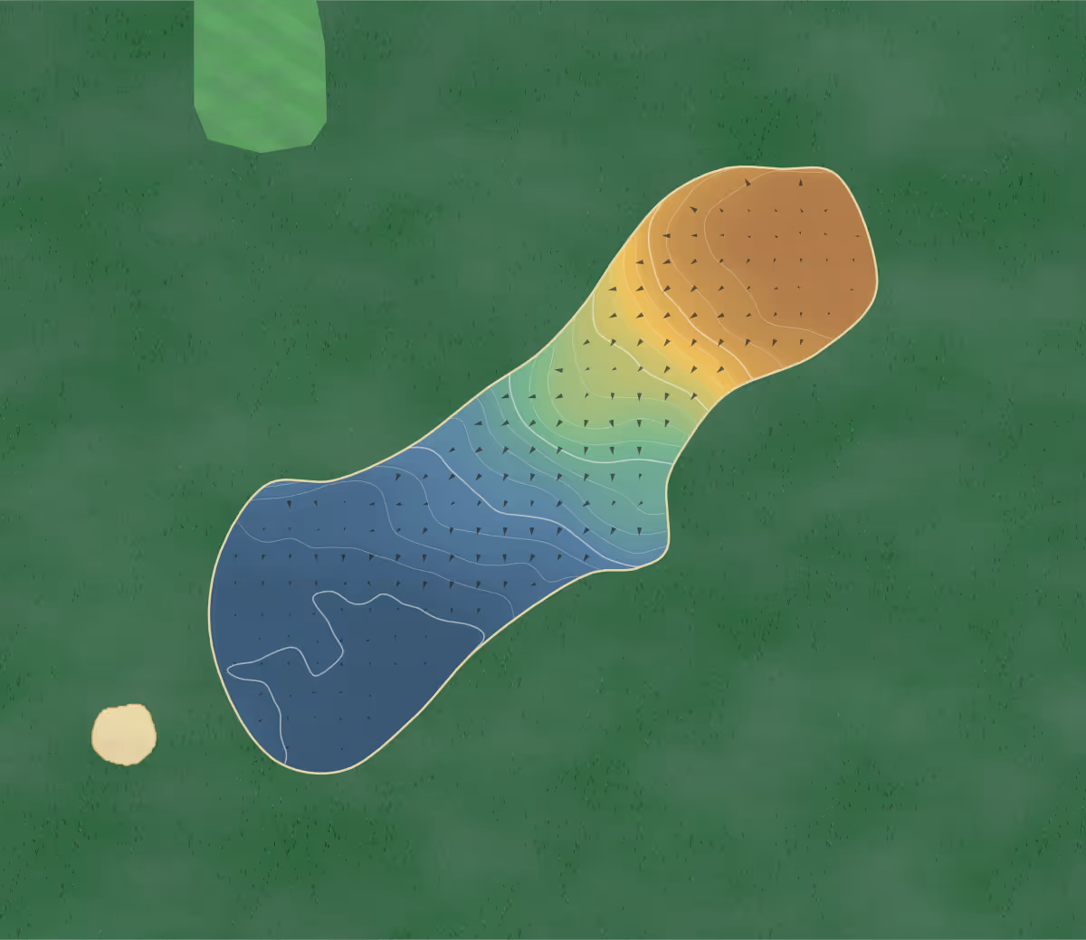 Green contour map of Heworth in York, England — 78 elevation contours at a 8-centimeter interval with fall-line arrows, traced from 1-meter lidar