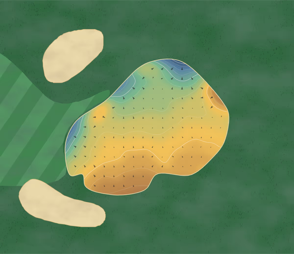 Green contour map of Hexham in Hexham, England — 160 elevation contours at a 8-centimeter interval with fall-line arrows, traced from 1-meter lidar