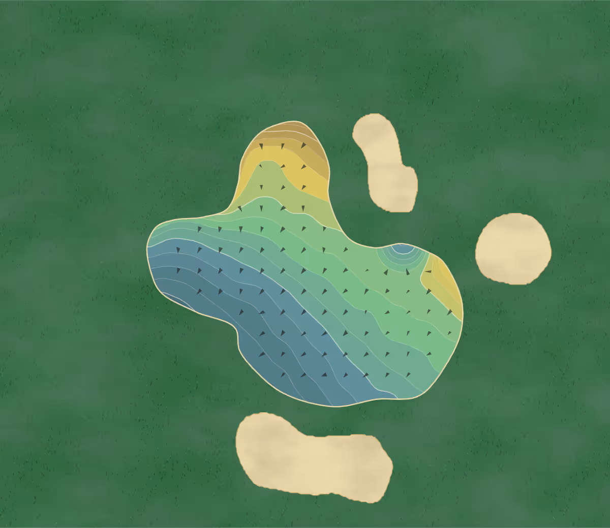 Green contour map of Heyrose GC in Tebley, England — 168 elevation contours at a 8-centimeter interval with fall-line arrows, traced from 1-meter lidar