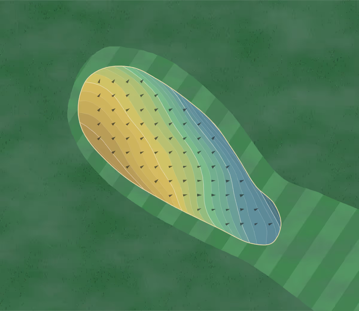 Green contour map of Hickory Flats in West Lafayete, Ohio — 140 elevation contours at a 3-inch interval with fall-line arrows, traced from 1-meter lidar