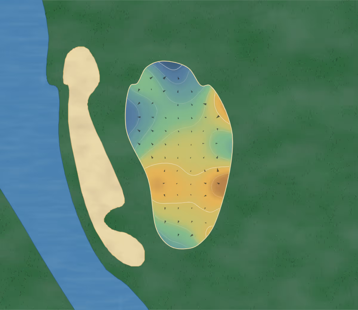 Green contour map of Hickory Stick in Edinburgh, Indiana: 67 elevation contours at a 3-inch interval with fall-line arrows, traced from 1-meter lidar