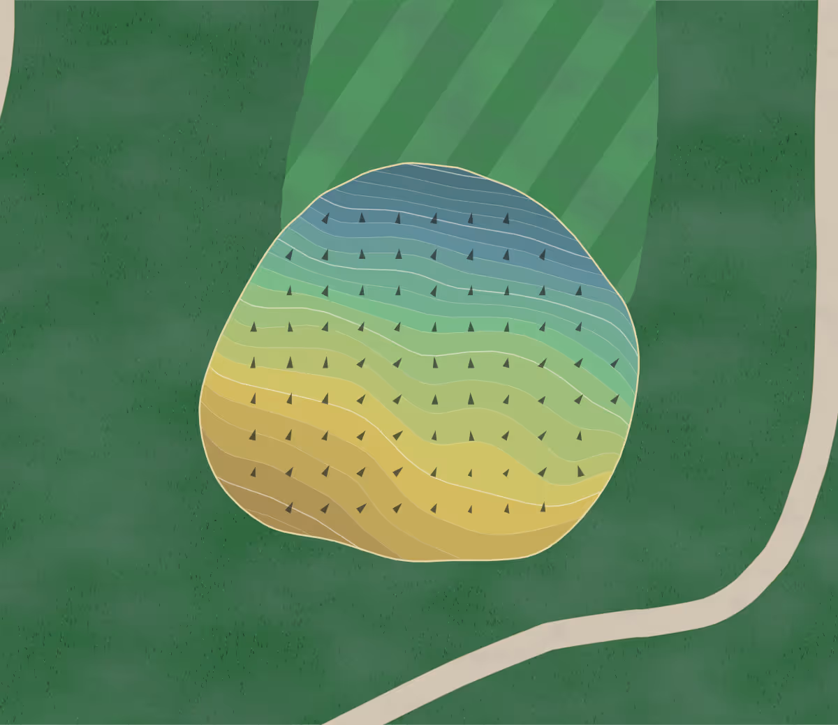 Green contour map of Hickory Woods in Loveland, Ohio — 222 elevation contours at a 3-inch interval with fall-line arrows, traced from 1-meter lidar
