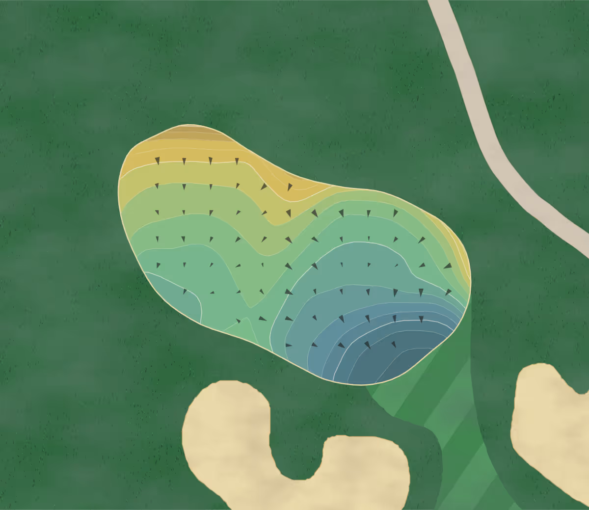 Green contour map of Hidden Cove Golf Course in Olive Hill, Kentucky — 202 elevation contours at a 3-inch interval with fall-line arrows, traced from 1-meter lidar