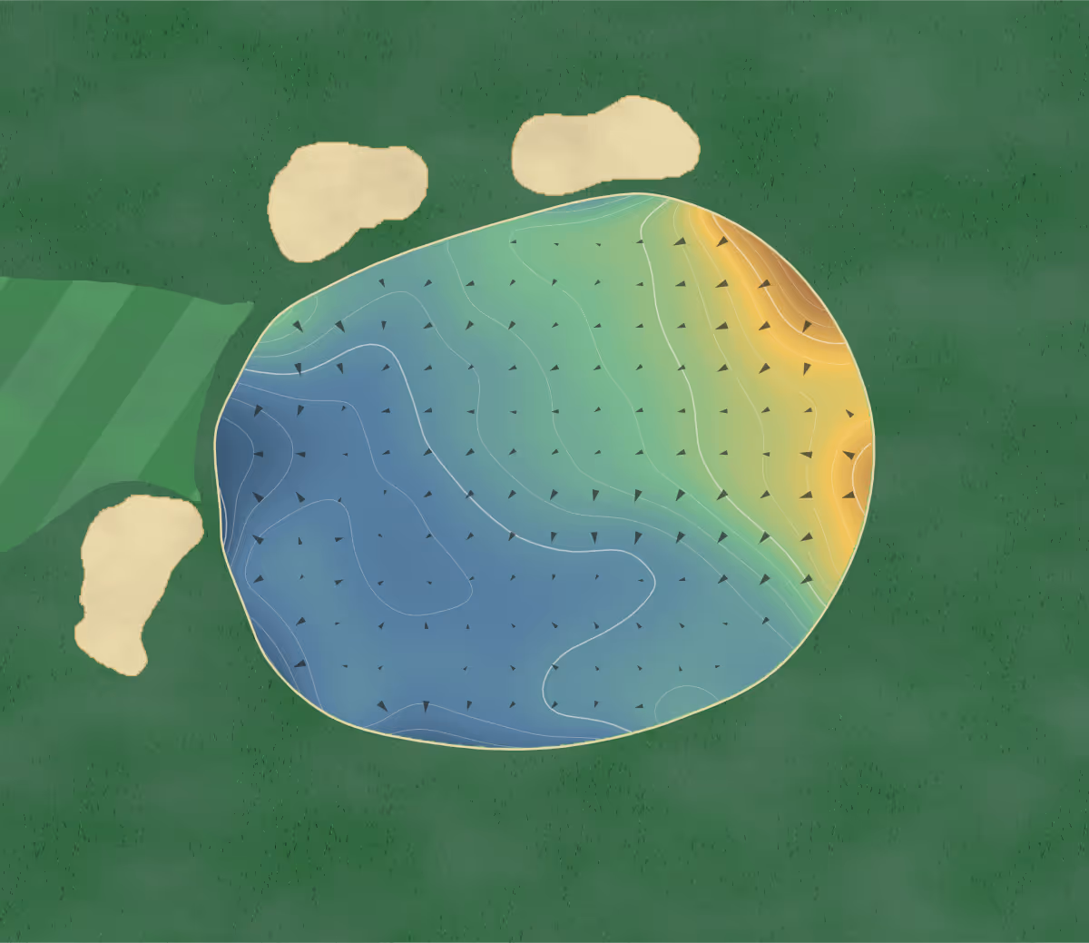 Green contour map of Hidden Creek Golf Club in Egg Harbor Twp, New Jersey — 200 elevation contours at a 3-inch interval with fall-line arrows, traced from 1-meter lidar
