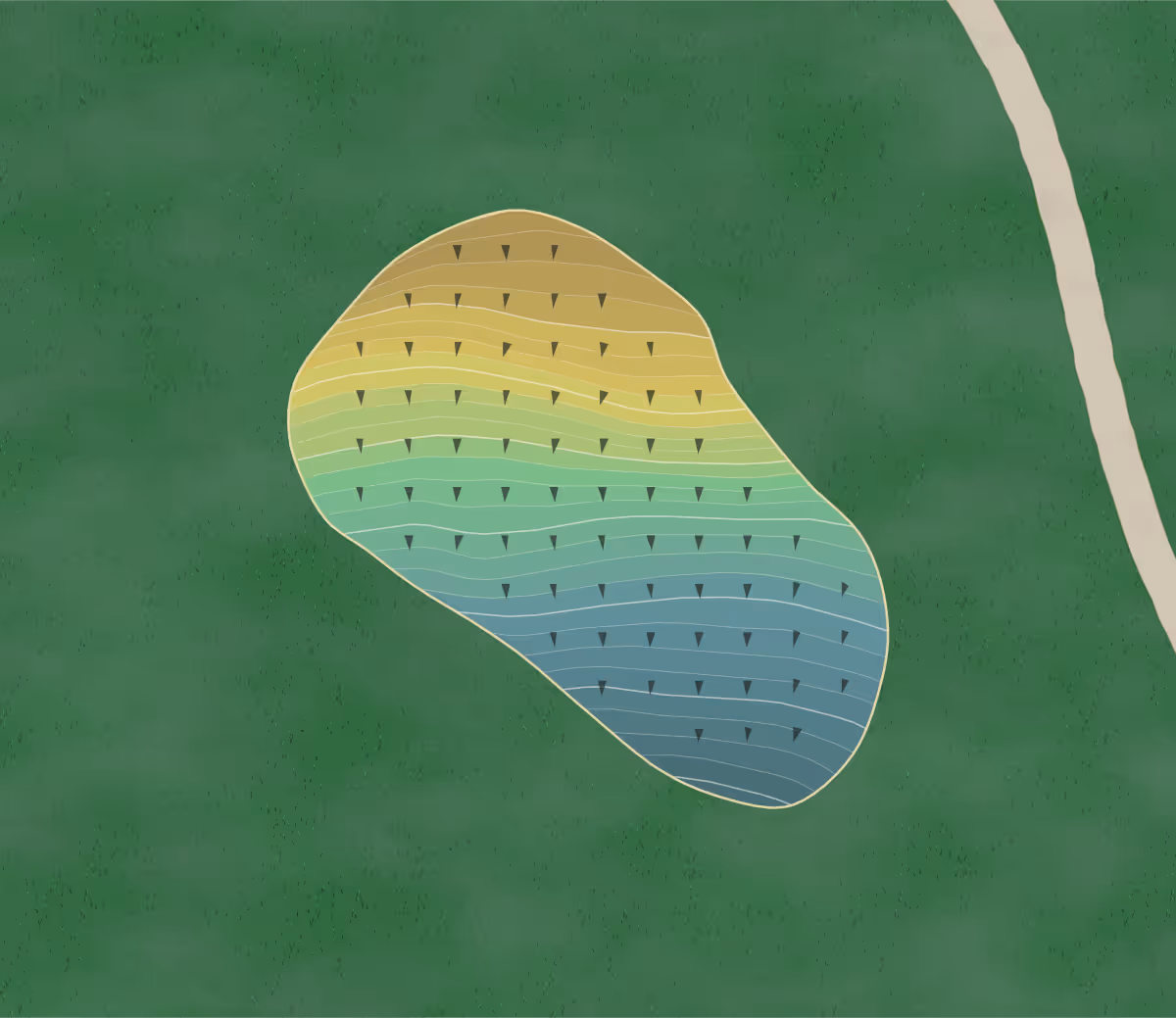 Green contour map of Hidden Falls at Mt. Airy Golf in Dunlap, Tennessee — 192 elevation contours at a 3-inch interval with fall-line arrows, traced from 1-meter lidar