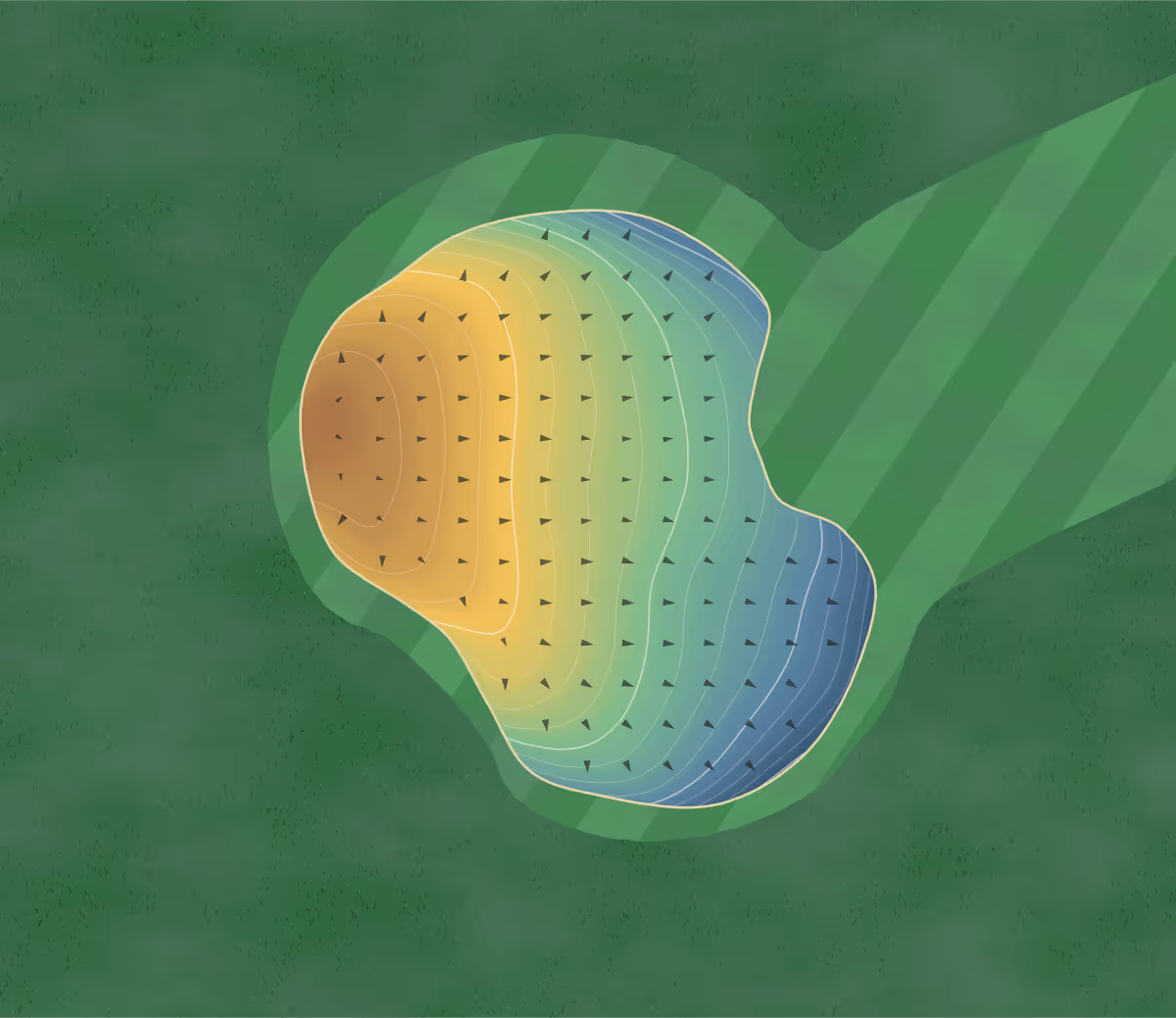 Green contour map of Hidden Greens North in Solon Springs, Wisconsin — 251 elevation contours at a 3-inch interval with fall-line arrows, traced from 1-meter lidar