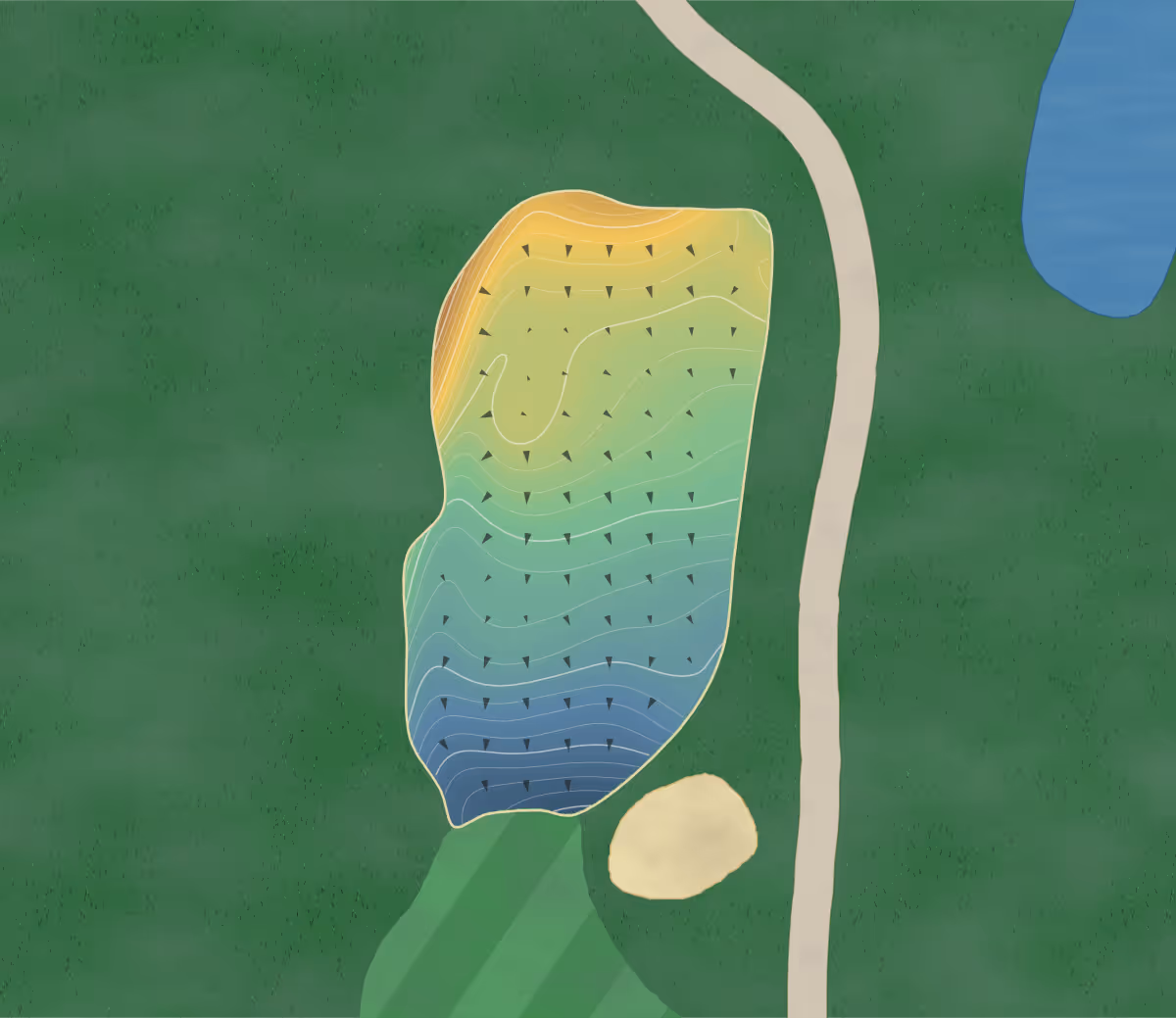 Green contour map of Hidden Hills in Spencer, Indiana — 299 elevation contours at a 3-inch interval with fall-line arrows, traced from 1-meter lidar
