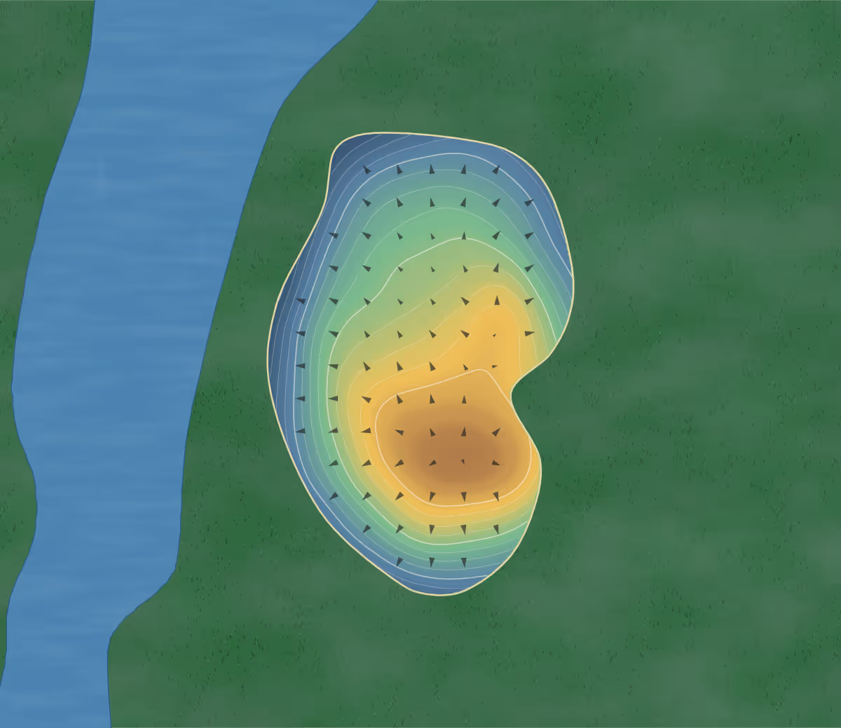 Green contour map of Hidden Lake in Boca Raton, Florida: 76 elevation contours at a 3-inch interval with fall-line arrows, traced from 1-meter lidar
