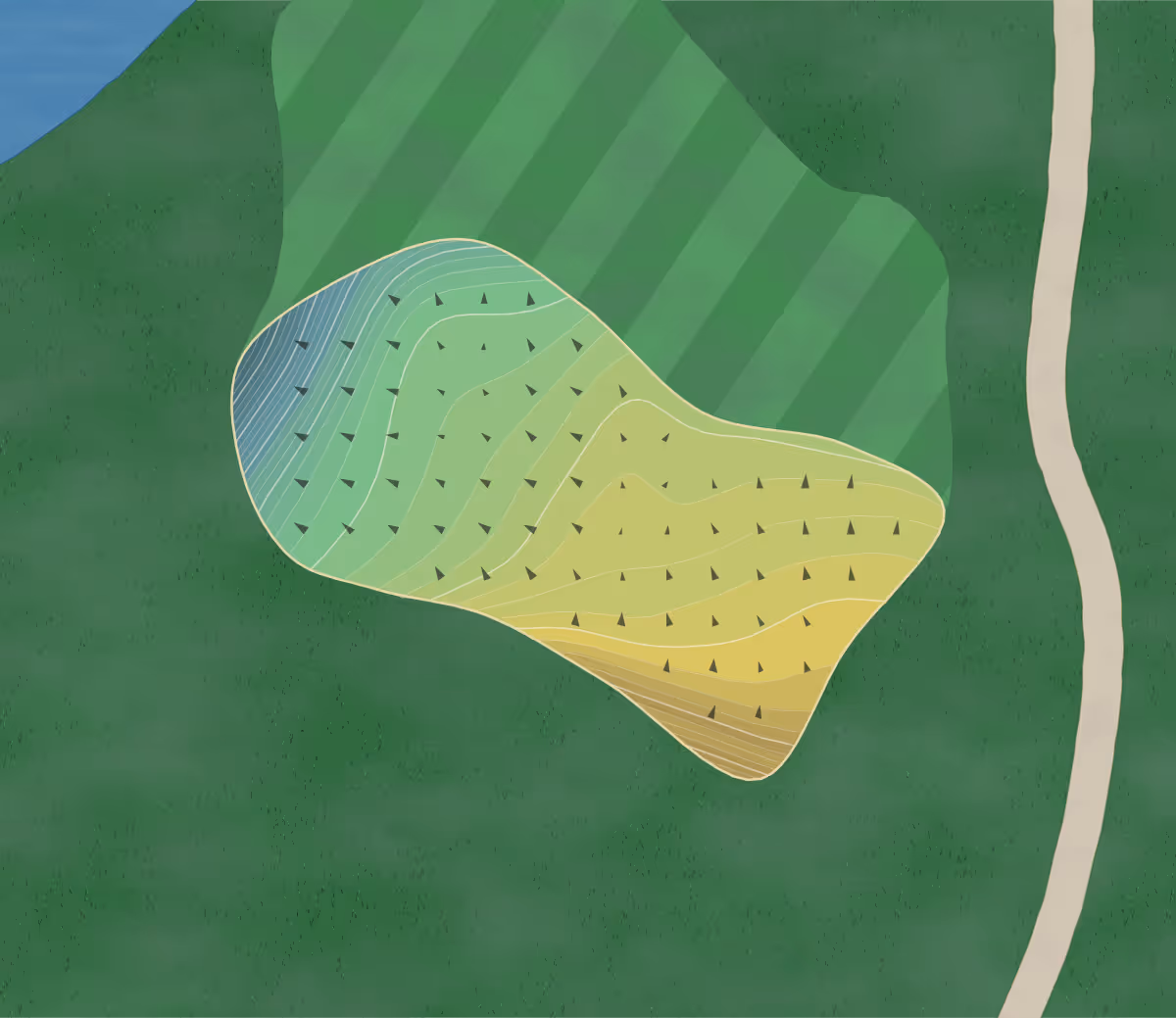 Green contour map of Hidden River in Brutus, Michigan — 309 elevation contours at a 3-inch interval with fall-line arrows, traced from 1-meter lidar