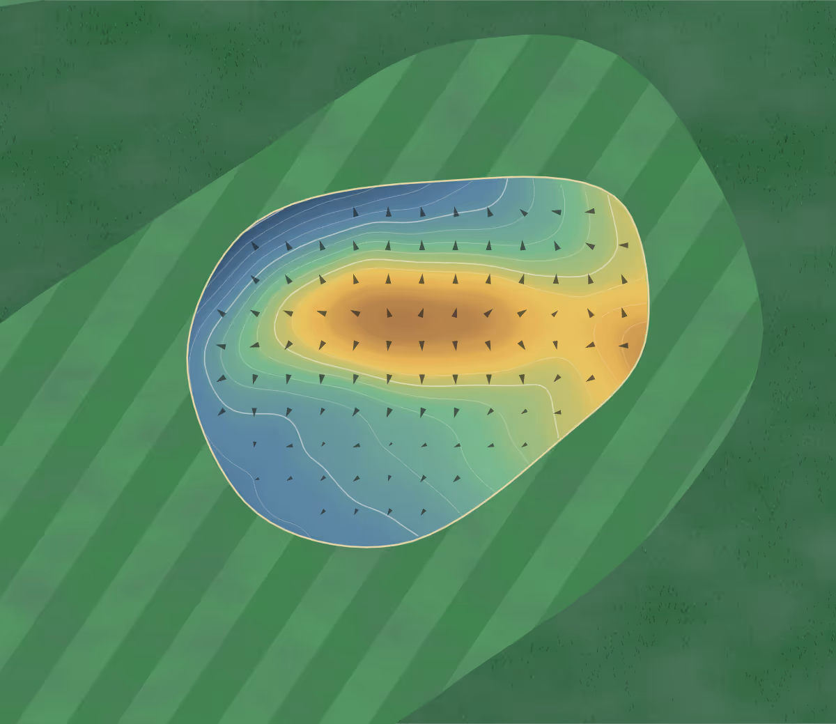 Green contour map of Hidden Valley Golf Resort in Estevan, Canada — 98 elevation contours at a 8-centimeter interval with fall-line arrows, traced from 1-meter lidar