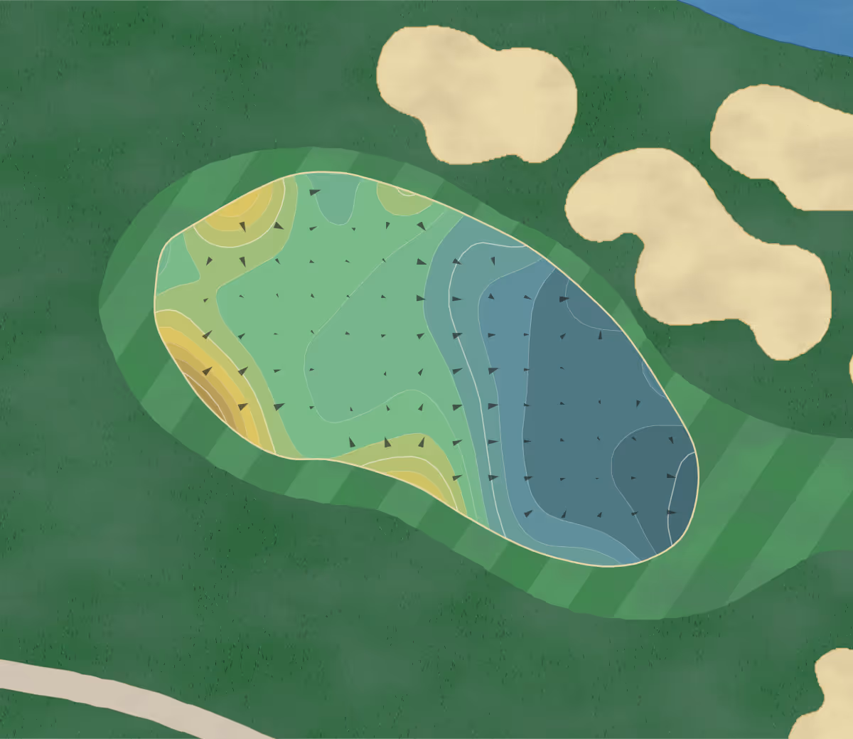 Green contour map of Hideaway in La Quinta, California — 193 elevation contours at a 3-inch interval with fall-line arrows, traced from 1-meter lidar