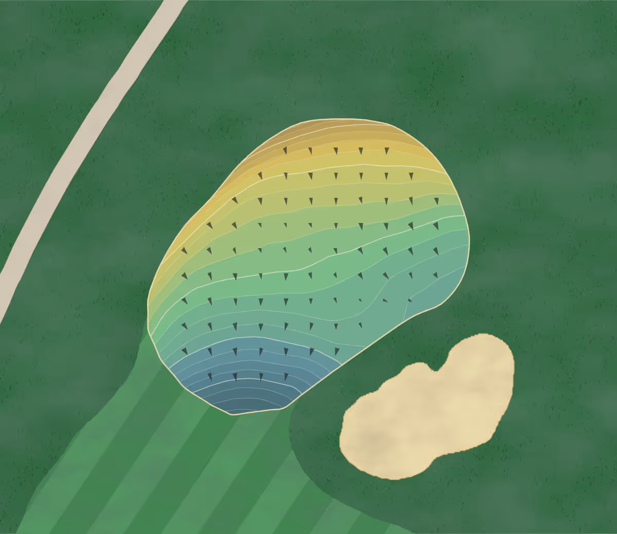 Green contour map of Highfields Golf in Grafton, Massachusetts — 213 elevation contours at a 3-inch interval with fall-line arrows, traced from 1-meter lidar