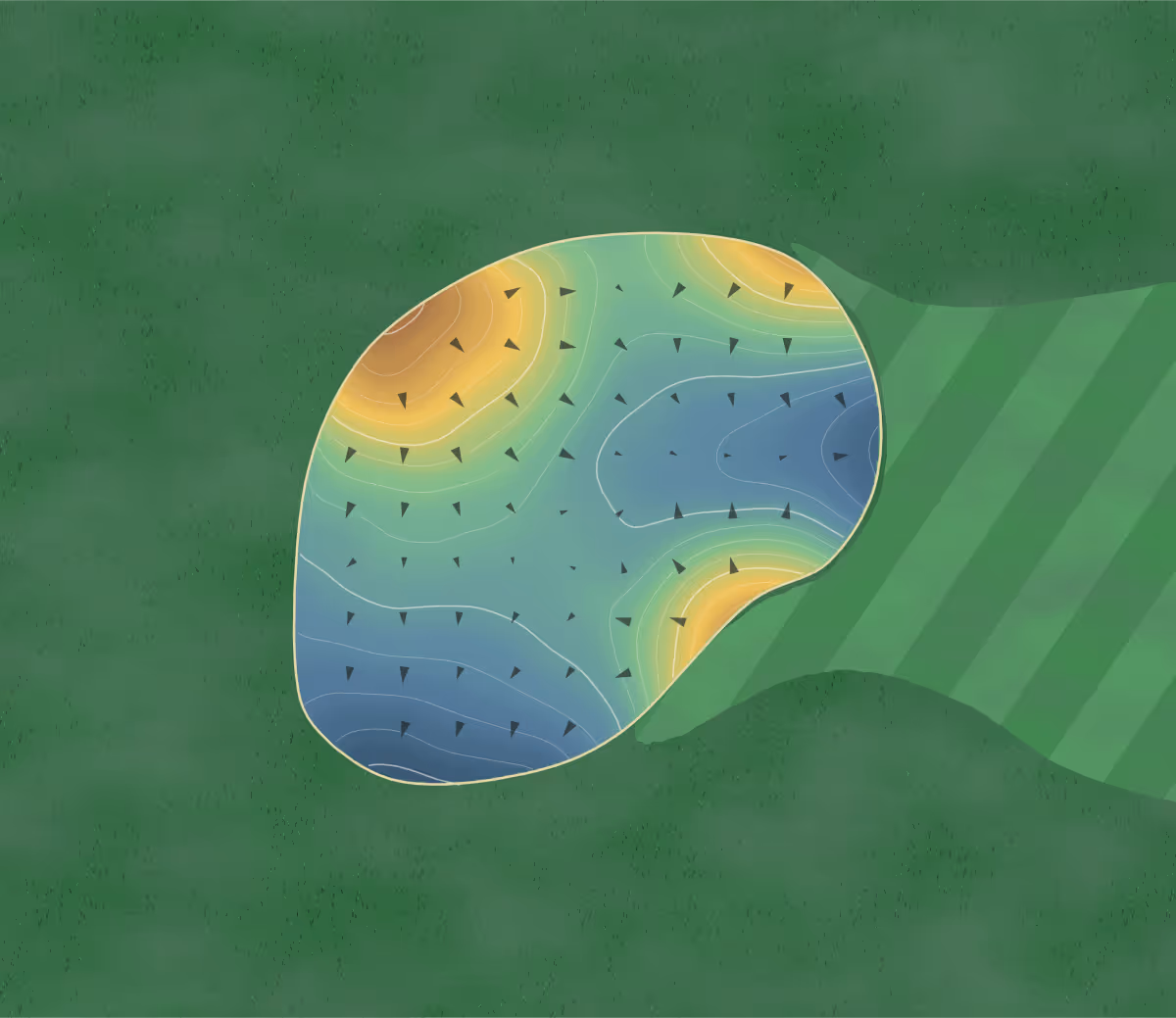 Green contour map of Highland CC in Fayetteville, North Carolina: 199 elevation contours at a 3-inch interval with fall-line arrows, traced from 1-meter lidar