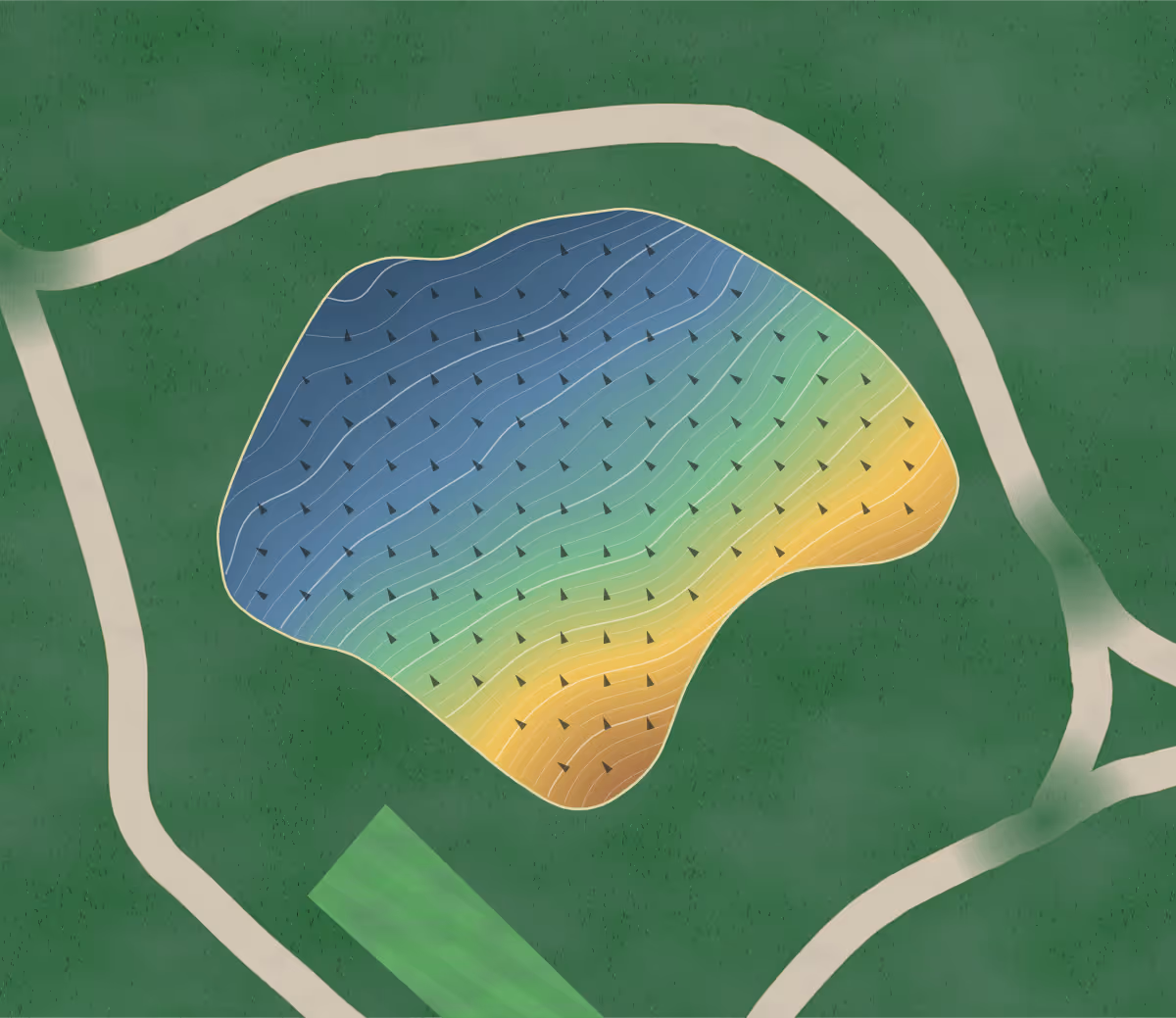 Green contour map of Highland in Strathroy, Canada — 223 elevation contours at a 8-centimeter interval with fall-line arrows, traced from 1-meter lidar