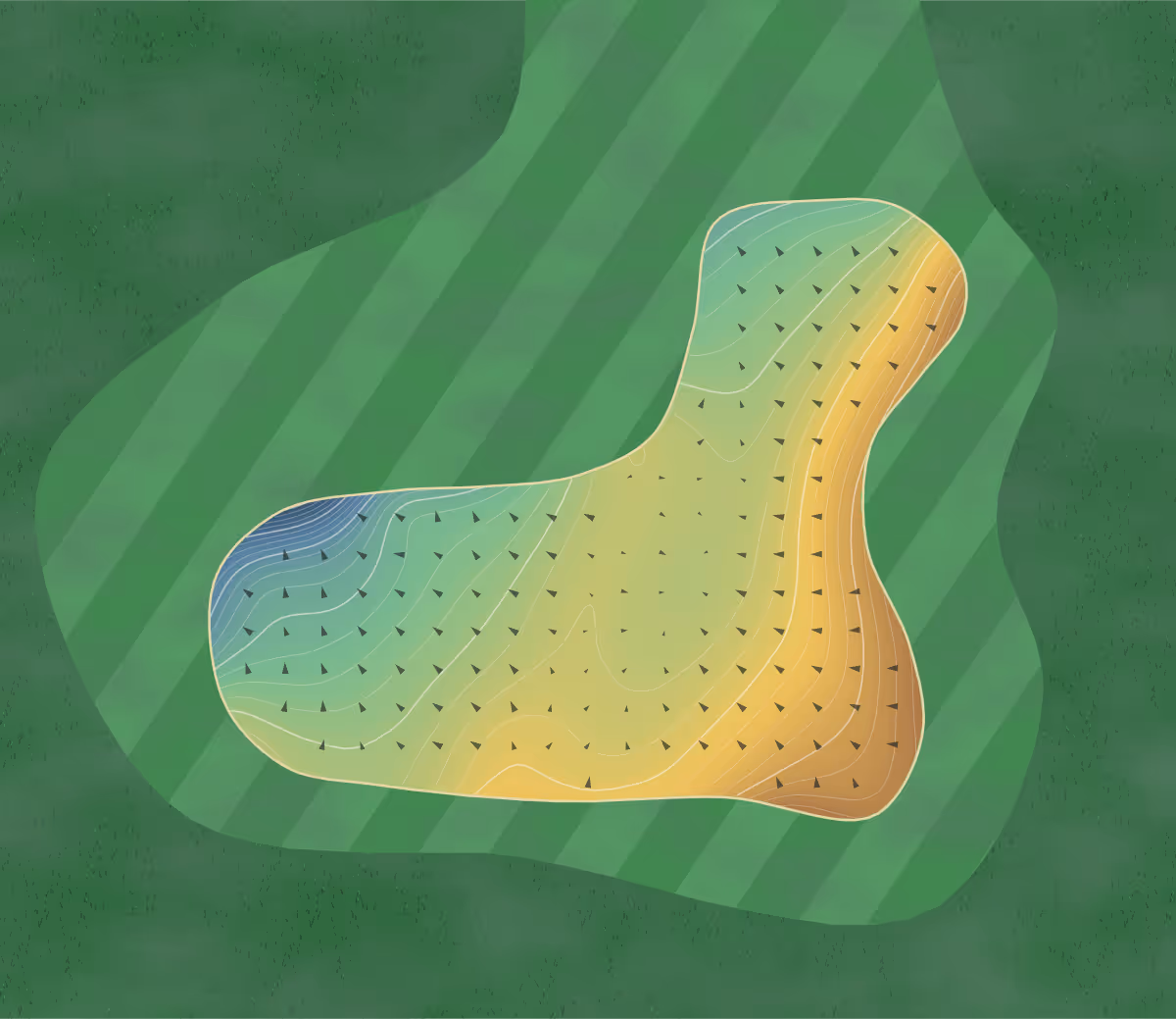 Green contour map of Highland Gc in Cosmopolis, Washington — 277 elevation contours at a 3-inch interval with fall-line arrows, traced from 1-meter lidar