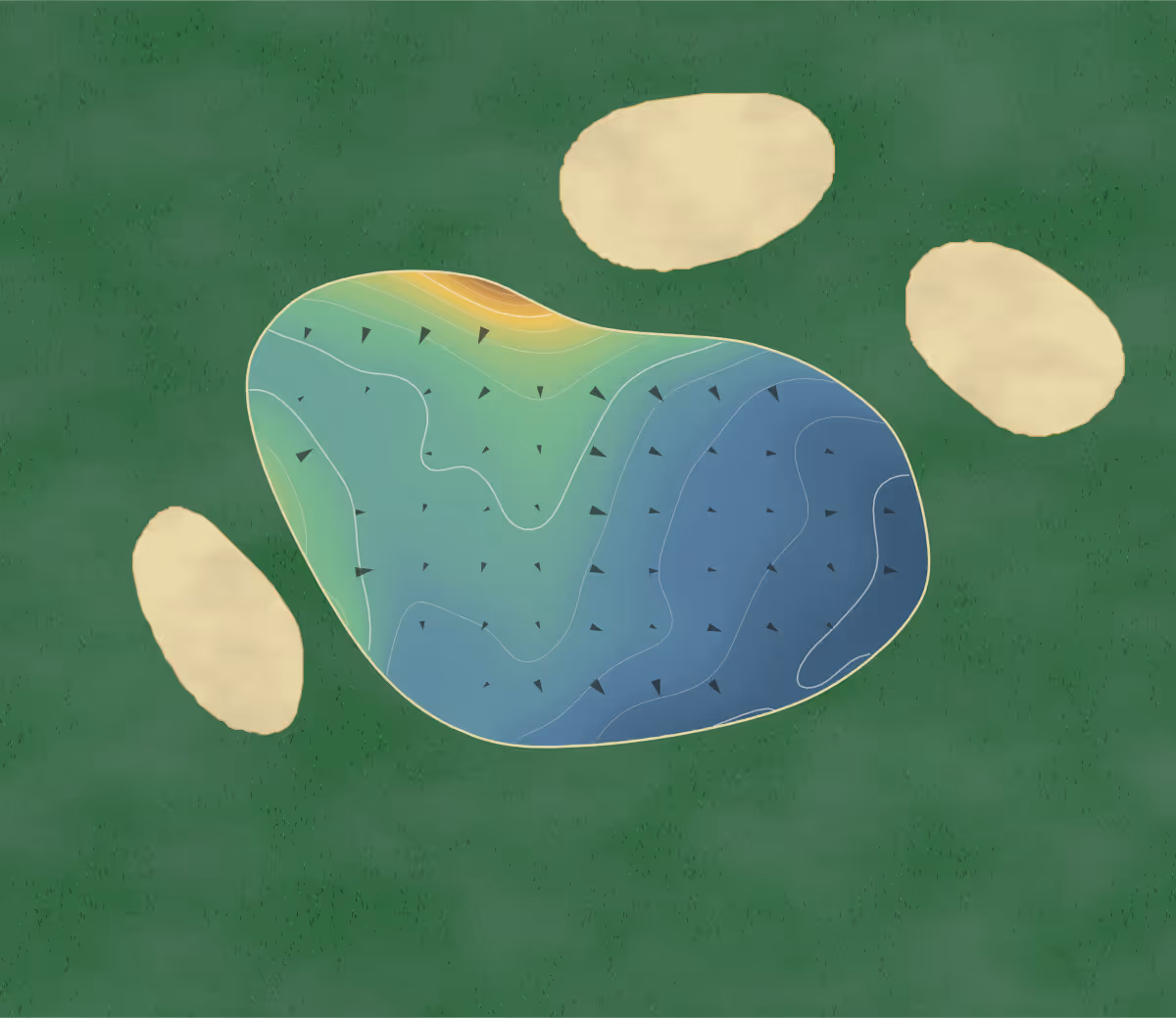 Green contour map of Highland Golf in Conyers, Georgia: 138 elevation contours at a 3-inch interval with fall-line arrows, traced from 1-meter lidar